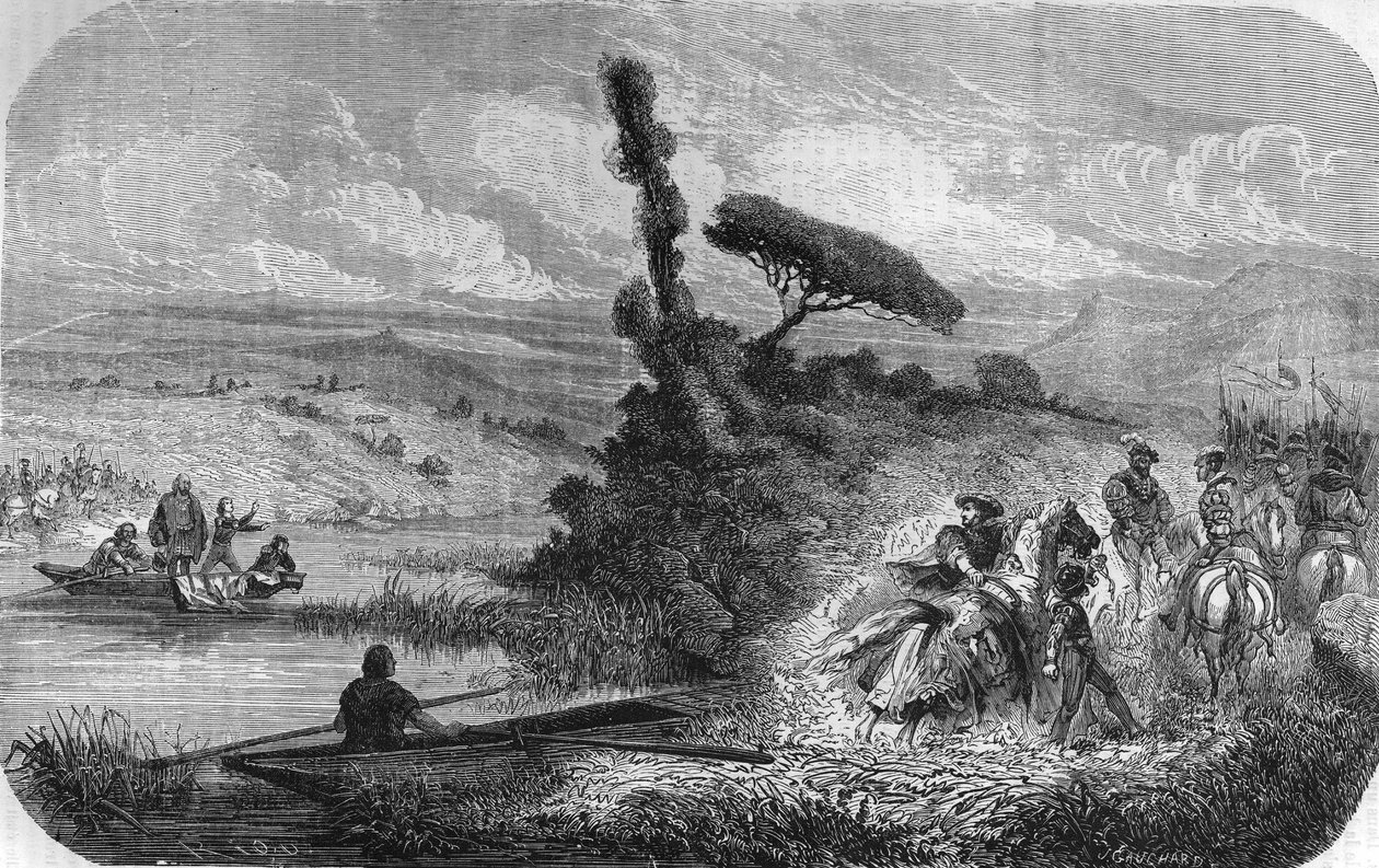 Francois 1. csere két fiával, túszul Bidassoán 1526.03.17. „Franciaország népszerű története” c. 1885 körül. Metszet. alkotó: Unknown artist