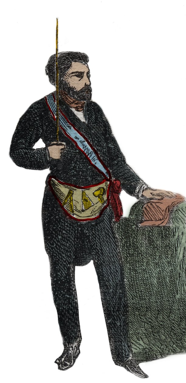 Szabadkőművesség - Egy szabadkőműves jelmeze a mester fokozatba való felvételéhez - Franc Maconnerie: Franc macon ruházat (kötény) Pierre Zaccone (1817-1895) „Titkos, politikai és vallási társaságok története” című metszet 1879-ből alkotó: Unknown artist