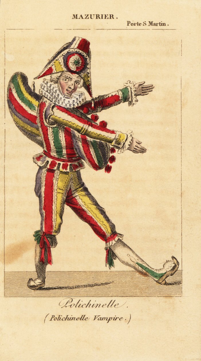 Charles-Francois Mazurier francia képregény-táncos és pantomimművész Polichinello szerepében Theodore de Banville-től a Polichinelle vámpírban a Theater de la Porte Saint-Martinban alkotó: Unknown artist