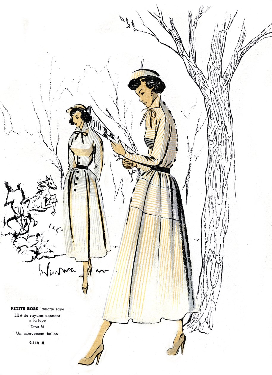 Francia divat, kis méretű, csíkos ruhakialakítás. alkotó: Unknown artist