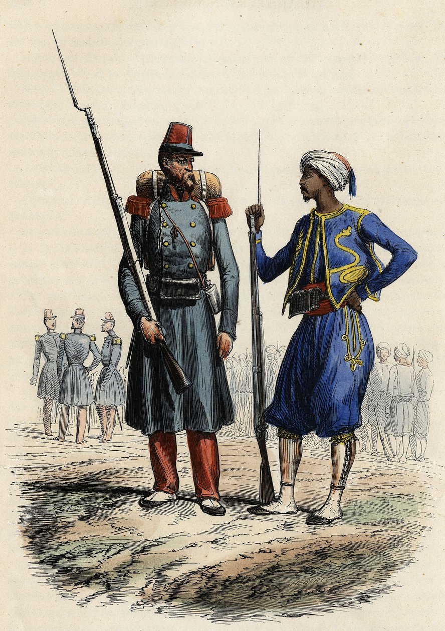 Francia katonai egyenruha: Bal oldalon egy idegenlégió alakult, amelyet 1831-ben Algériába küldtek. Jobb oldalon bennszülött lovasok, akiket 1841-ben képeztek ki és küldtek Algériába. In L
