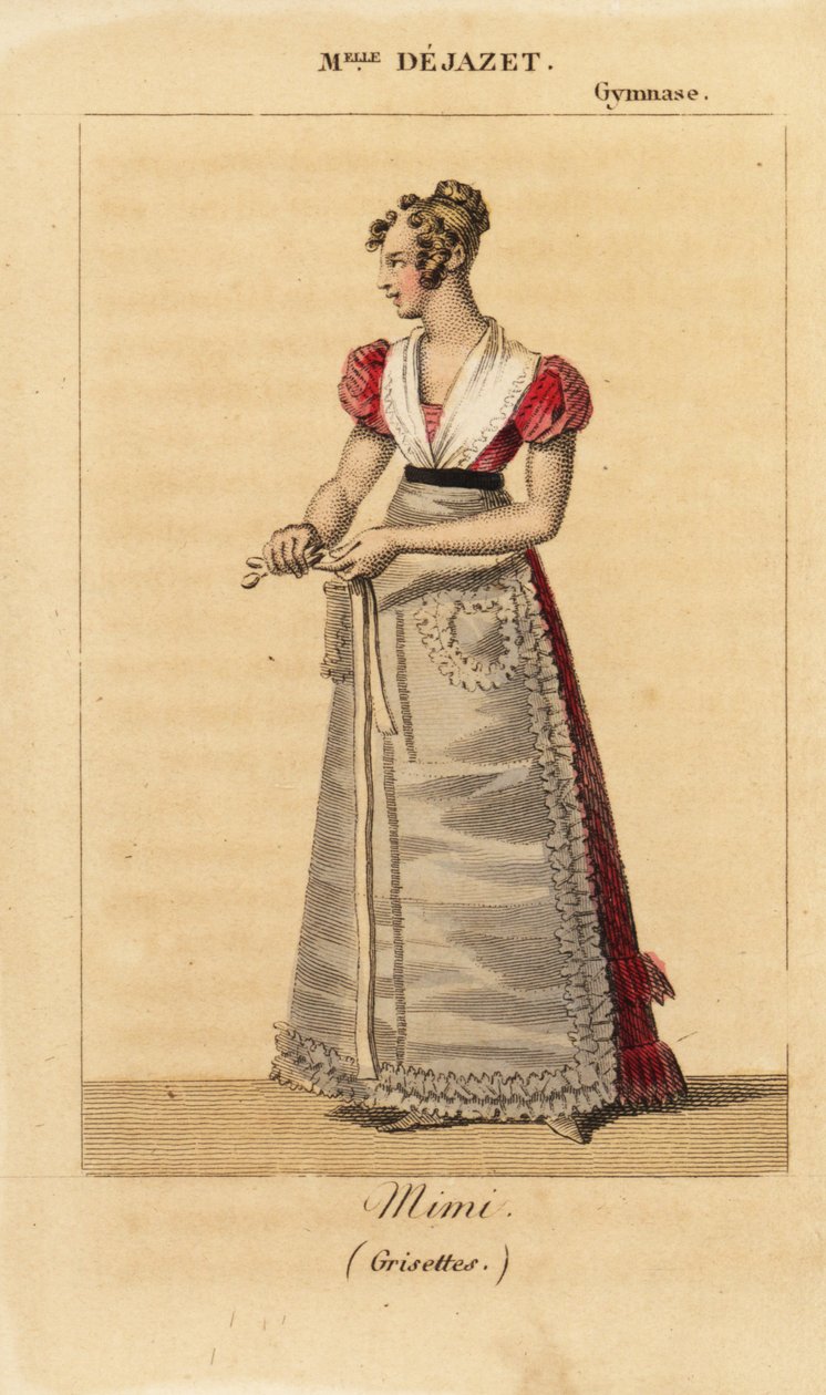 Mlle Virginie Dejazet francia szoprán Mimi szerepében Scribe és Dupin egyfelvonásos Vaudeville Grisettes című művében a Gymnase-Dramatique-ban alkotó: Unknown artist