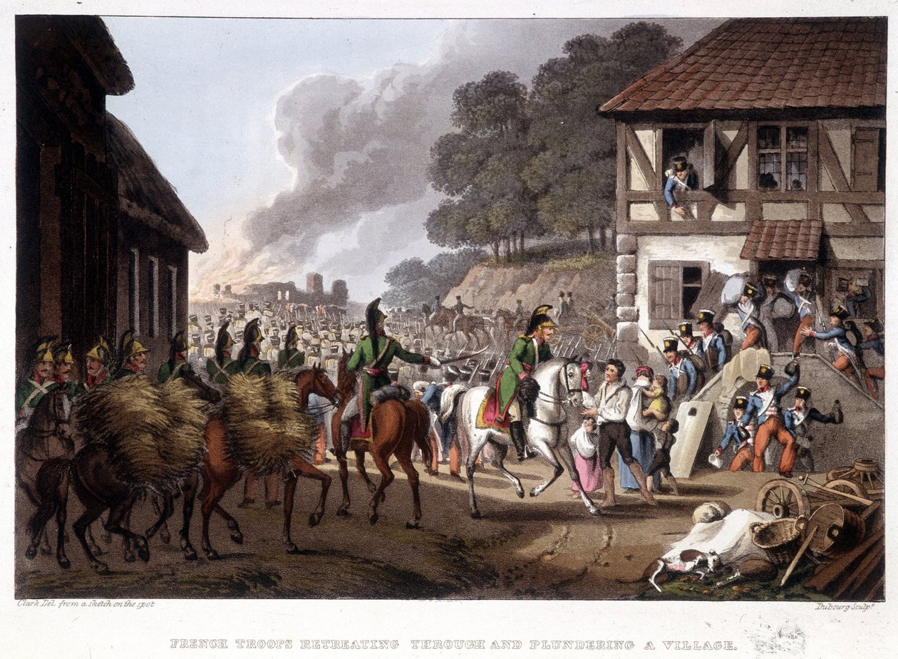 Francia csapatok visszavonulóban és kifosztanak egy falut – Edward Orne „Történelmi, katonai és haditengerészeti anekdotáiban...” alkotó: Unknown artist