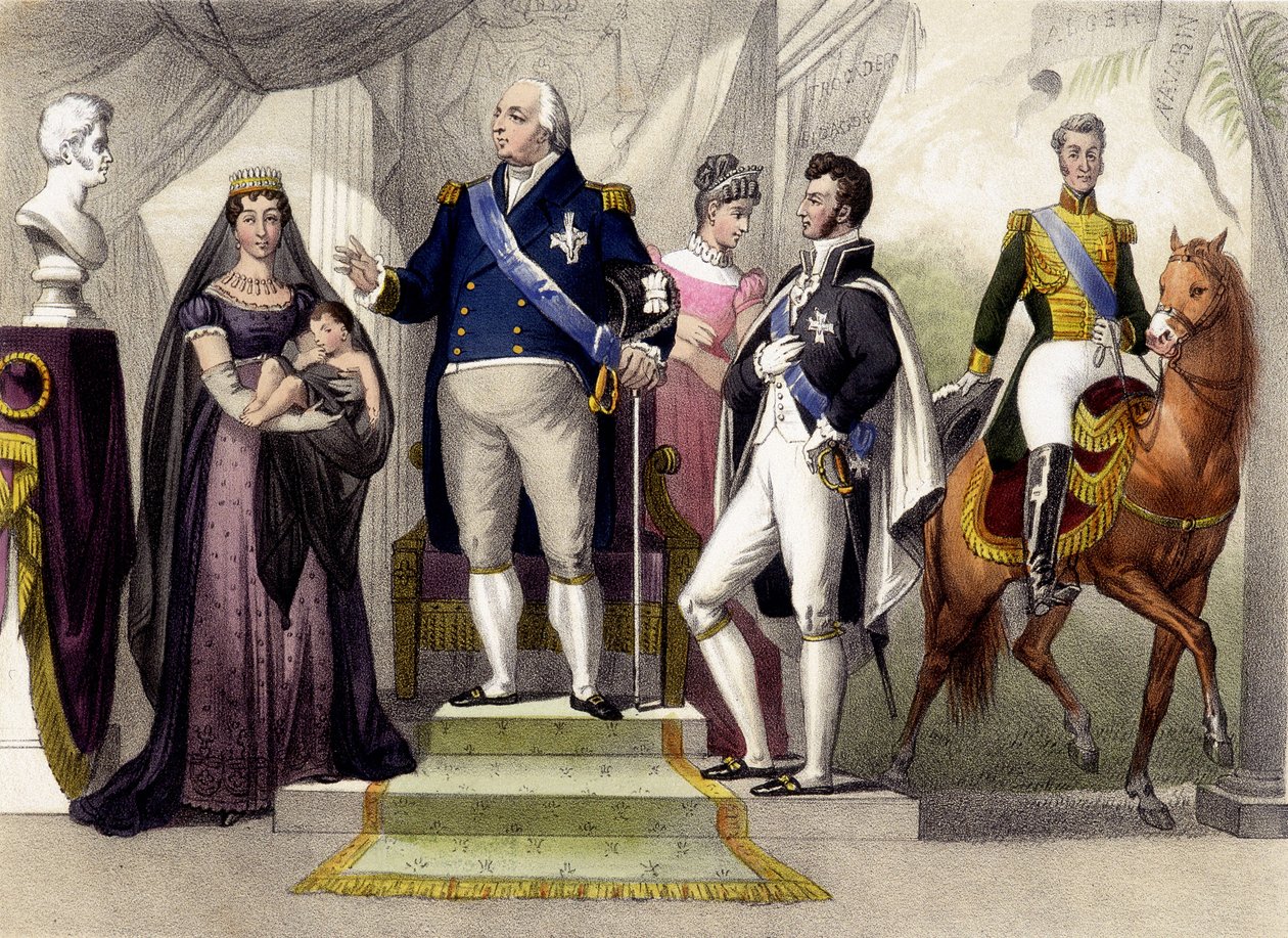 1814-től 1830-ig. Berry hercege és hercegné, XVIII. Lajos, Bordeaux hercege, Angoulème hercegné és X. Károly. Metszet a 19. századról. alkotó: Unknown artist