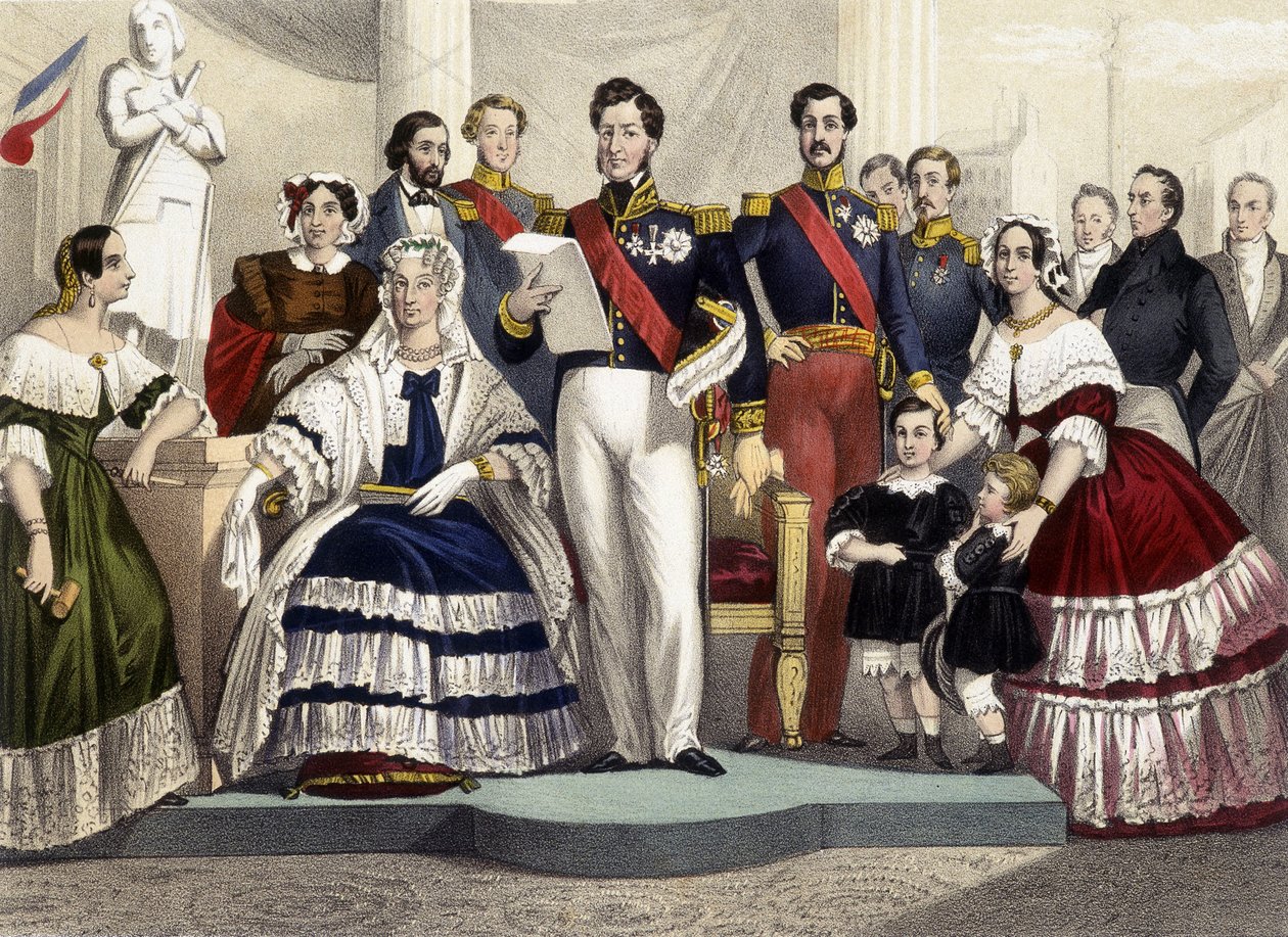 1830-tól 1848-ig. Marie hercegnő, Marie Amélie, 1. Lajos Fülöp, Párizs grófja, Chartres hercege és Hélène hercegnő. századi metszet. alkotó: Unknown artist