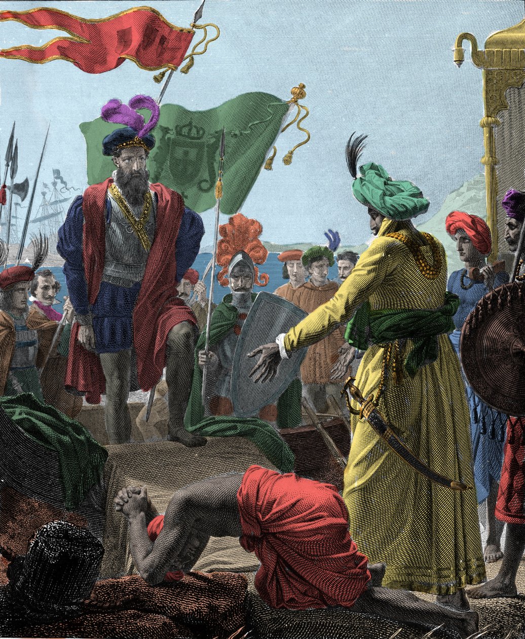 Vasco de Gamától (1469-1524, portugál felfedező) az indiai Calicutig (a mai Kozhikode) 1498-ban. Metszet 1817... alkotó: Unknown artist
