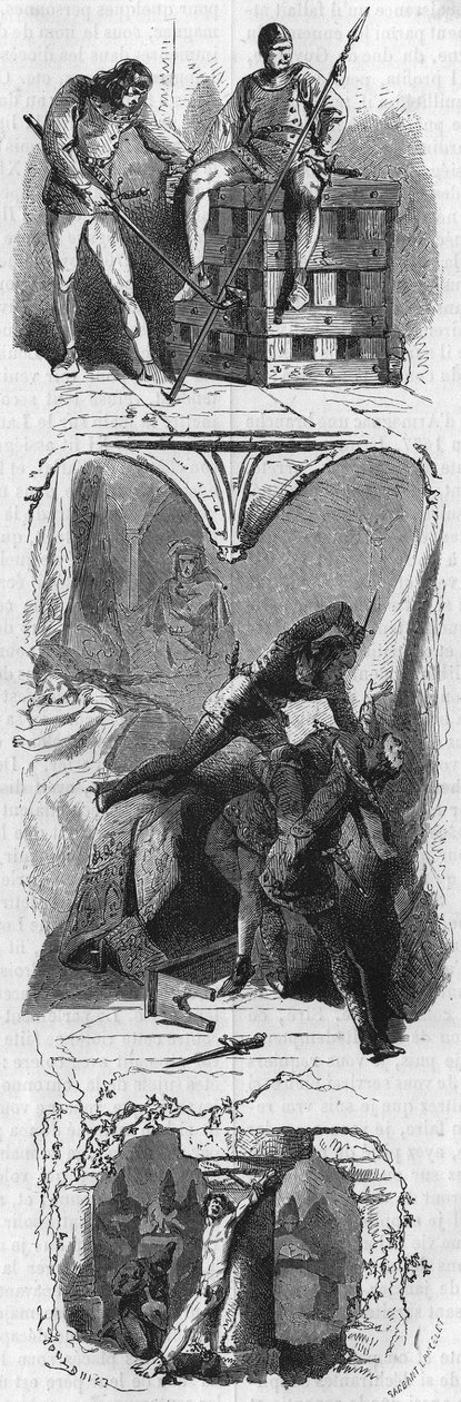 Fentről lefelé: Alencon hercege vasketrecbe zárja (1481), Armagnac grófja ököllel felesége szeme alá (1473) és Nemours hercege kínzás (1477). századi metszet. alkotó: Unknown artist