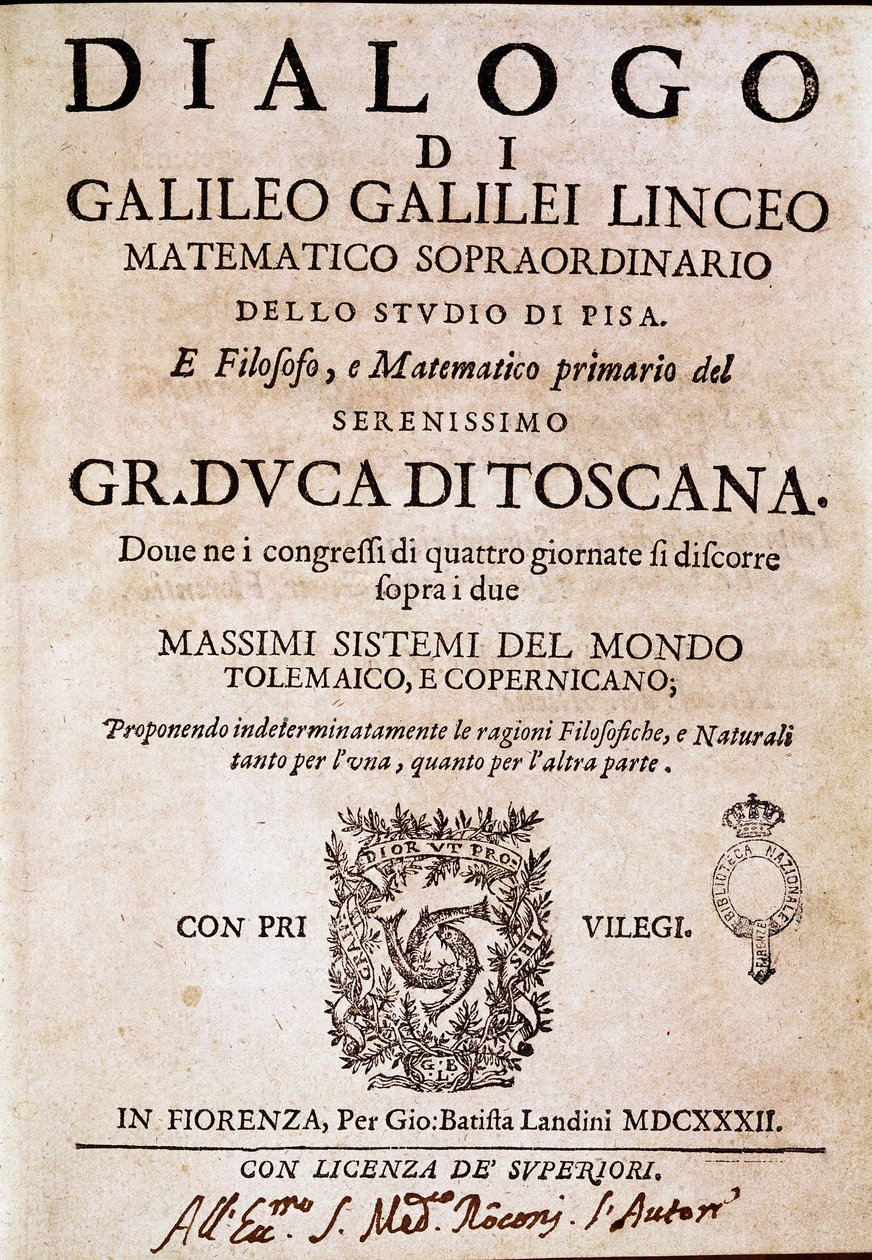 A „Párbeszéd a világ két nagy rendszeréről” (dialogo sopra i due massimi sistemi del mondo) frontispice VIII. Urban pápa megbízásából Galileo Galilei dit Galilee (1564-1642) csillagász és fizikus 1620 körül, és 1632-ben jelent meg. Ez alkotó: Unknown artist