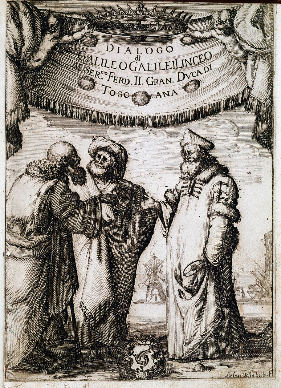 A „Párbeszéd a világ két nagy rendszeréről” (dialogo sopra i due massimi sistemi del mondo) frontispice VIII. Urban pápa megbízásából Galileo Galilei dit Galilee (1564-1642) csillagász és fizikus 1620 körül, és 1632-ben jelent meg. Ez alkotó: Unknown artist