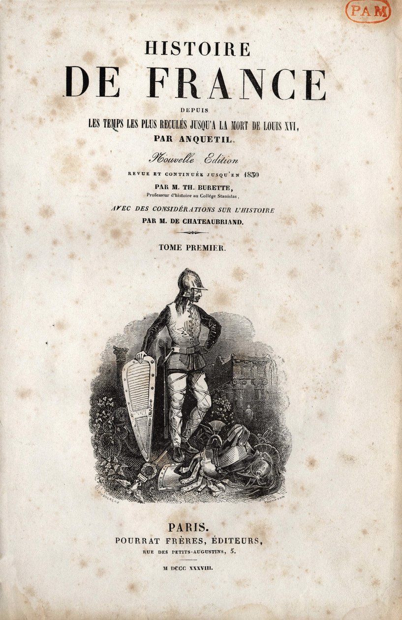Anquetil „Franciaország történelmének” címlapja. 1838. alkotó: Unknown artist