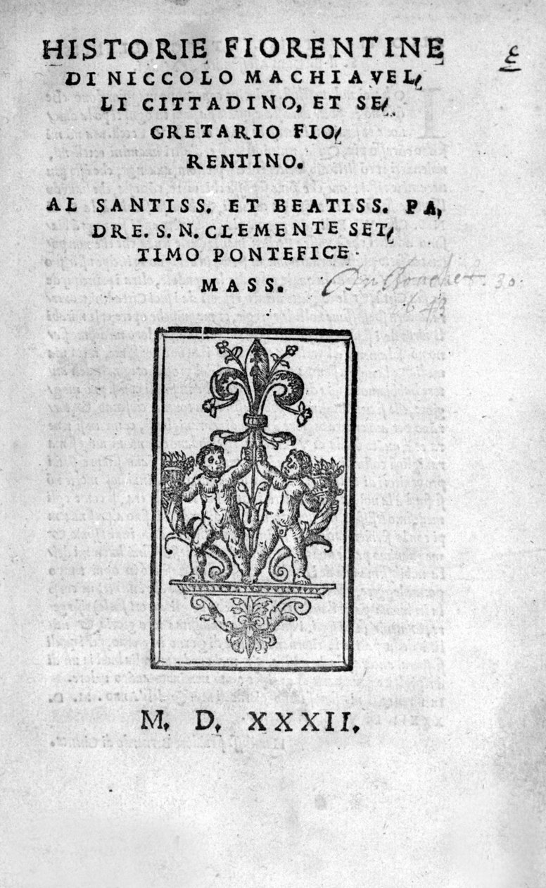 A "" Historie Fiorentine frontispice, Niccolo (Bernardo dei) Machiavelli (Nicolas Machiavel) alkotó: Unknown artist