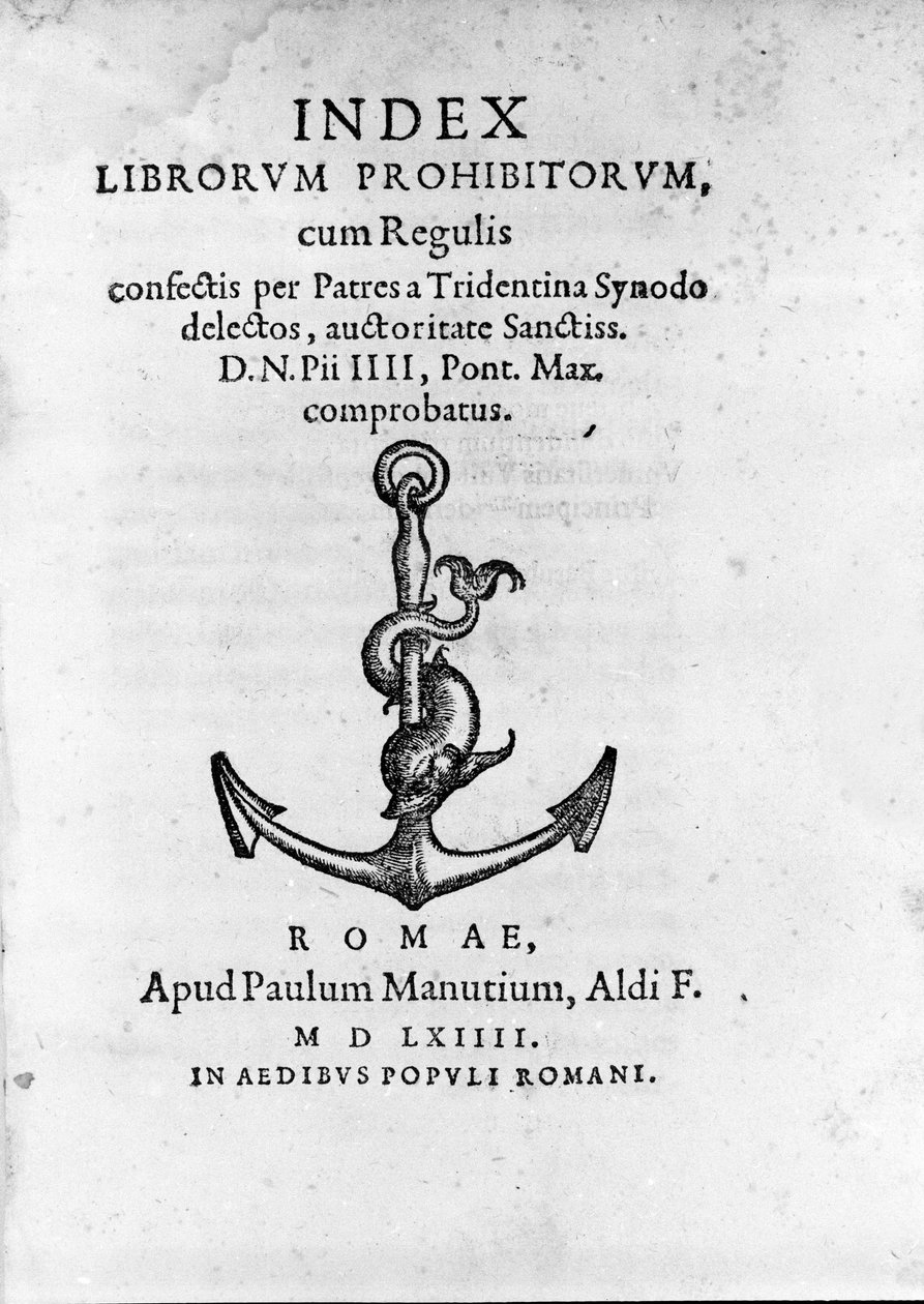 Az 1564-ben Rómában kiadott Index Librorum Prohibitorum (Tiltott Könyvek Index vagy Index Exurgatorius) frontispice. Felsorolja azokat a könyveket, amelyeket a római katolikusok nem olvashattak. alkotó: Unknown artist