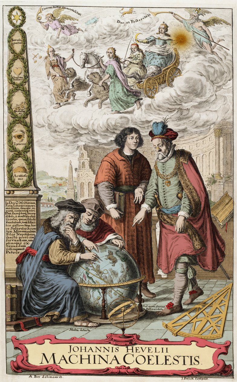 Johannes Hevelius (Jan Heweliusz) (1611-1687) „Machina coelestis” frontispice 1673 - Johannes Hevelius (1611-87) lengyel csillagász; a képen a négy nagy csillagász látható, Hipparkhosz (i.e. 190-120) (Hipparkhosz), Ptolemaiosz (i.sz. 83-161) (Claude Ptolem alkotó: Unknown artist