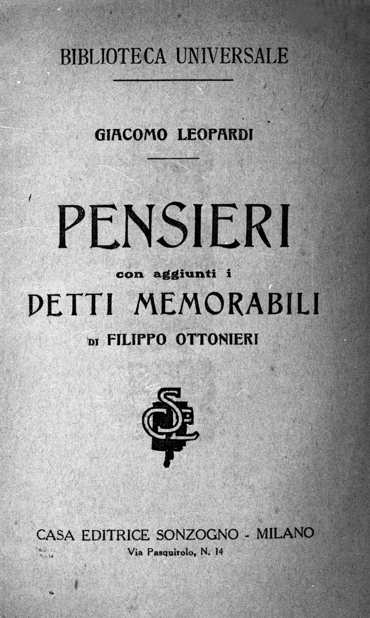 Giacomo Leopardi (1798-1837) olasz költő "" Pensieri "" (Pensees) homlokzata 19. század alkotó: Unknown artist