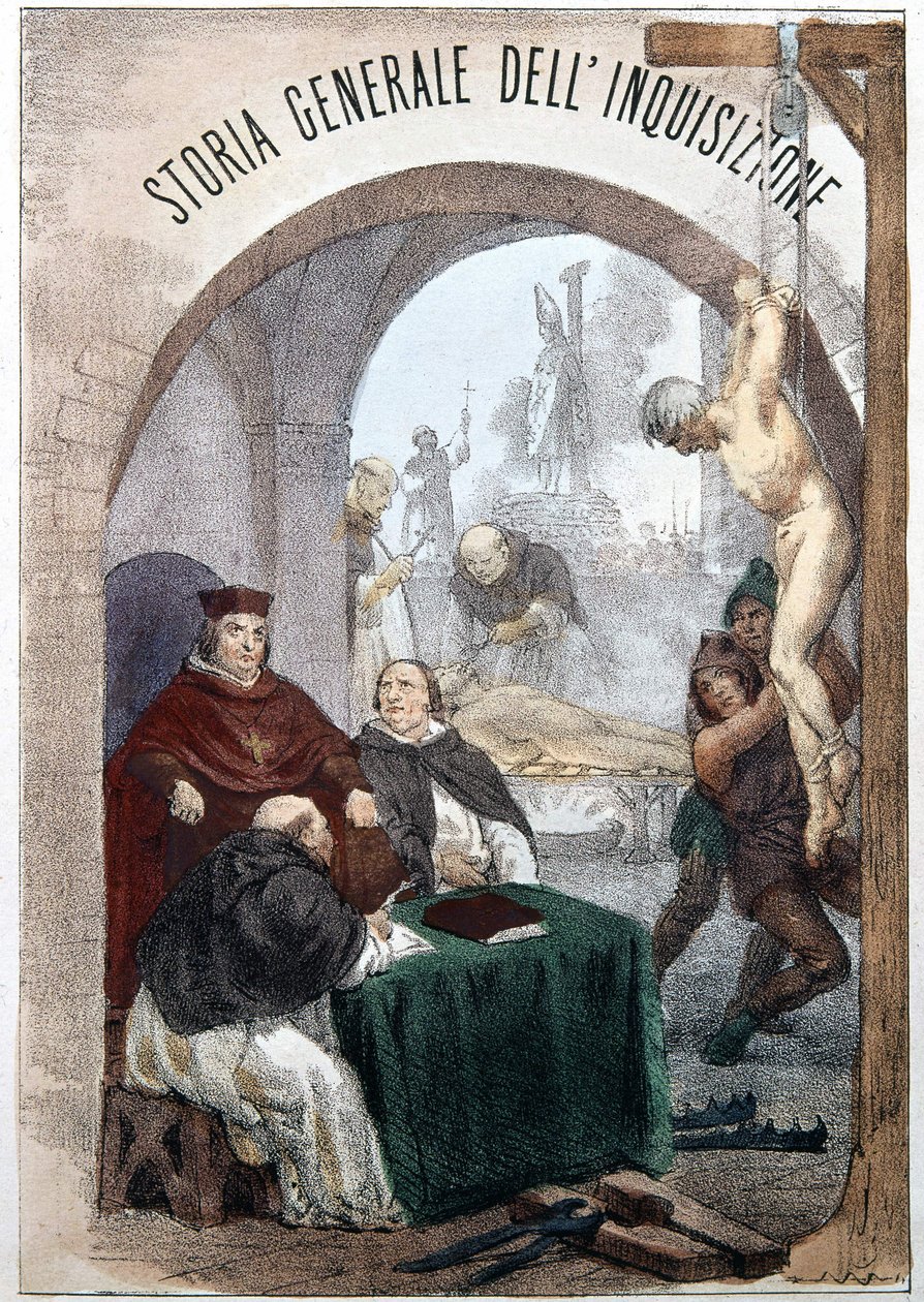 Pietro Tamburini The General History of the Inkvizíció címlapja a szimbolikus inkvizíció jeleneteit ábrázoló illusztrációval. Milánó 1850. alkotó: Unknown artist