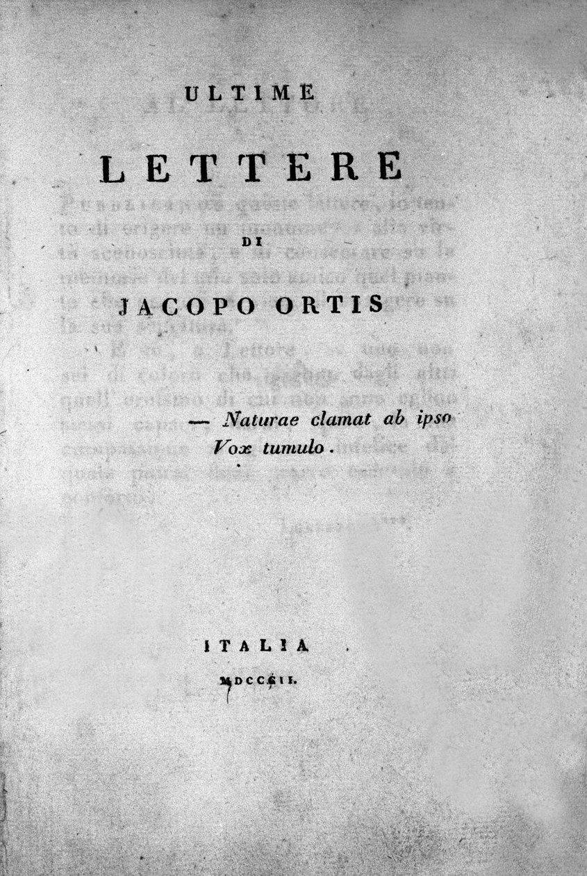 Ugo Foscolo (1778-1827) olasz költő és drámaíró „Jacopo Ortis utolsó leveleinek” címlapja, 1802 alkotó: Unknown artist