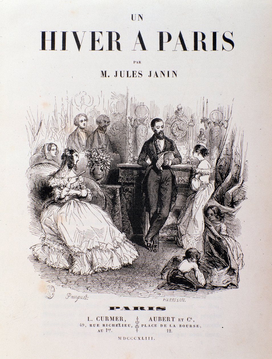 Jules Janin „Un hiver à Paris” című művének előlapja, a párizsiak egy fogadás közben találkoztak egy társalgóban. 1843 Magángyűjtemény alkotó: Unknown artist