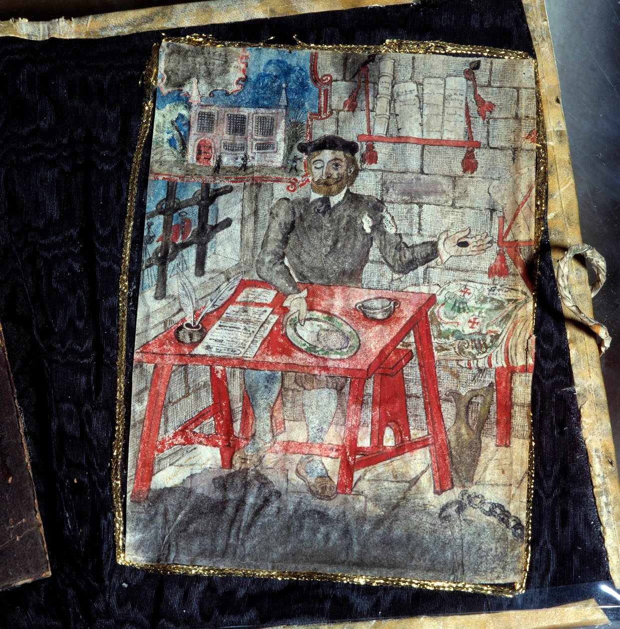 Luis Vaz de Camoes portugál költő, a Camoans (1525-1580) versgyűjteményének előlapja. A költő ott van börtönben. Lisszabon, Nemzeti Ókori Művészeti Múzeum alkotó: Unknown artist