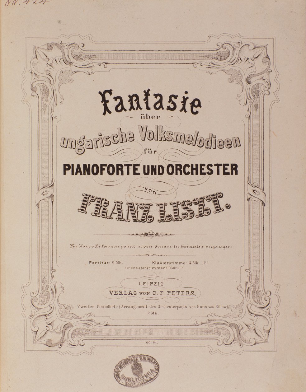 Liszt Ferenc (1811-1886) „” Fantázia zongorára és zenekarra” című partitúrájának frontképe 19. századi Bologna, civico museo musicale alkotó: Unknown artist