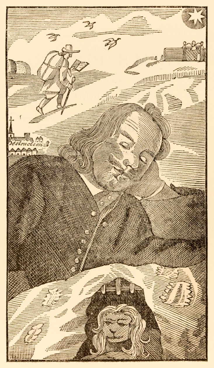 John Bunyan (1628-1688) A zarándokok előrehaladása ebből a világból, az eljövendőbe című frontképe, amely a szerzőt a bűne tudatától megterhelt zarándok keresztényről álmodja. alkotó: Unknown