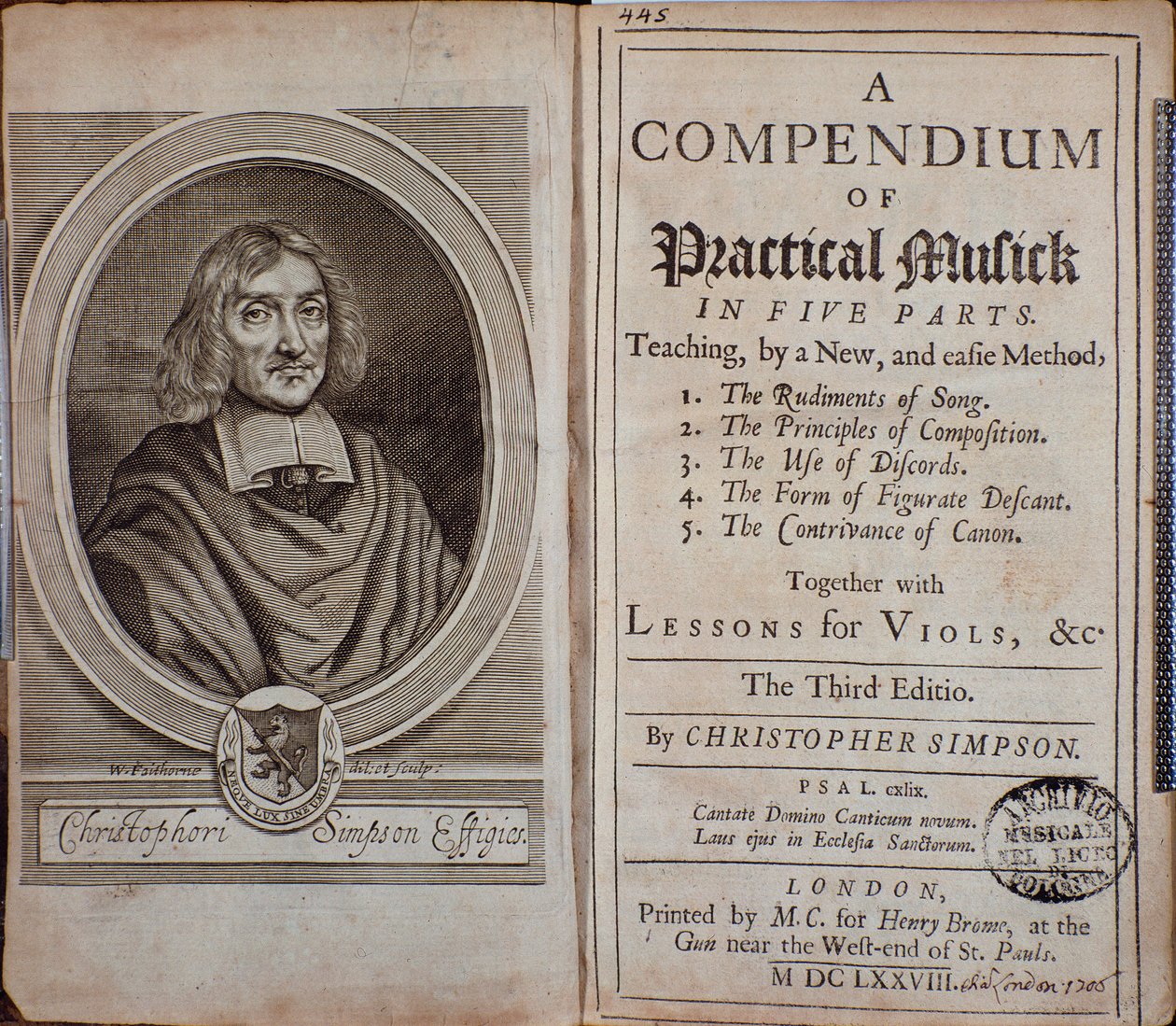 A gyakorlati zenei kompendium előlapja Christopher Simpson portréjával alkotó: Unknown artist