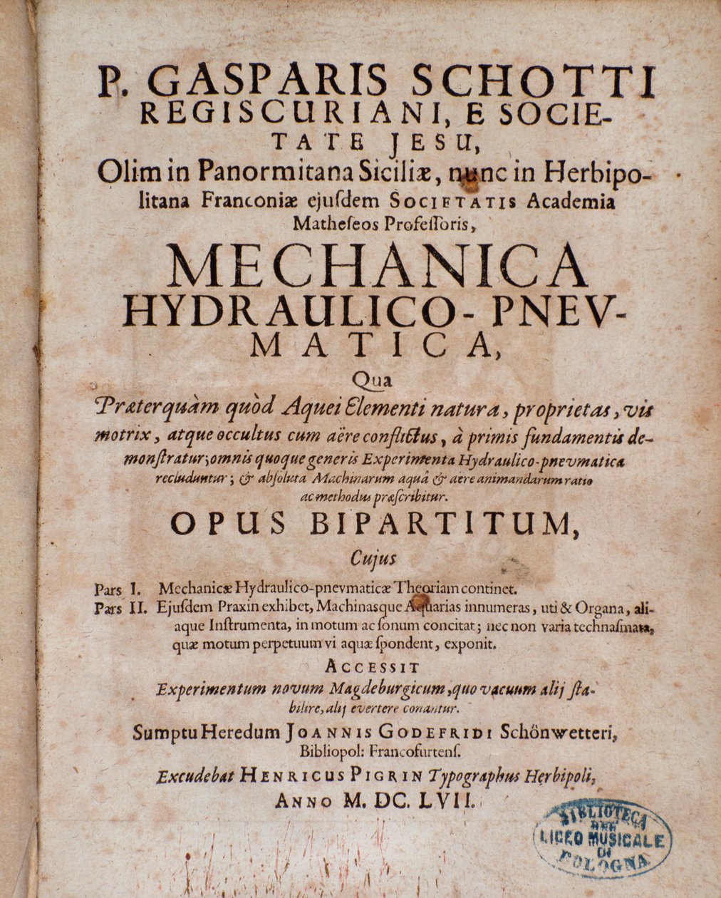 A Mechanica Hydraulico Pneumatica előlapja, Gaspar Schott alkotó: Unknown artist