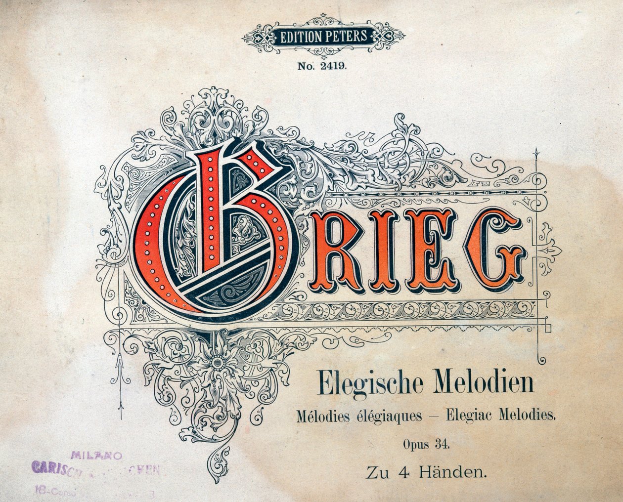 Edward Hagerup Grieg két elégikus dallamának frontképe négy kézre alkotó: Unknown artist