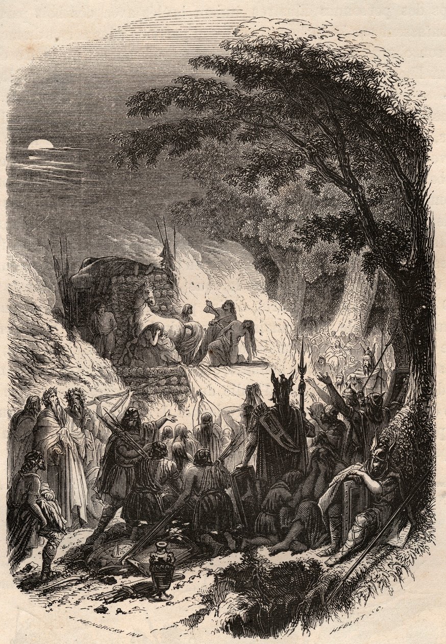 Germain főnök temetése az ókorban: testét fegyvereivel és lovával együtt elégették. Metszet 1868-ból Theodore Juste (1818-1888) „Histoire de Belgique from primitive times to the end of the regne I. Lipót” című művében. Magángyűjtemény. alkotó: Unknown artist
