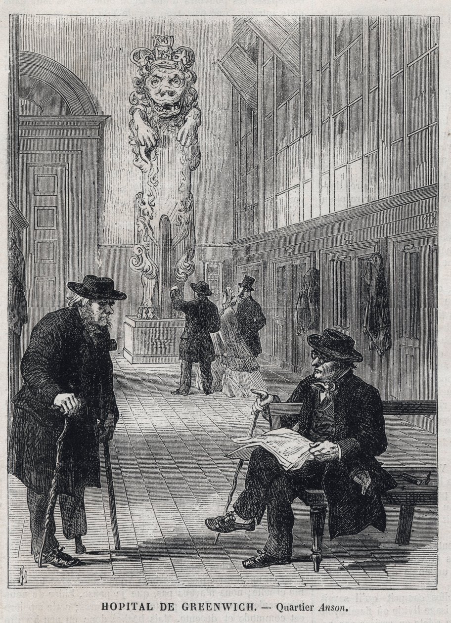 GREENWICH KÓRHÁZ (Greenwich Kórház): A „Centurion” hadihajó figurája uralja a kórház Anson osztályát, amelyet 1869-ben bezárnak, és haditengerészeti főiskolává alakítanak át – metszet a „The Illustrous Universe”-ből” 1866. alkotó: Unknown artist