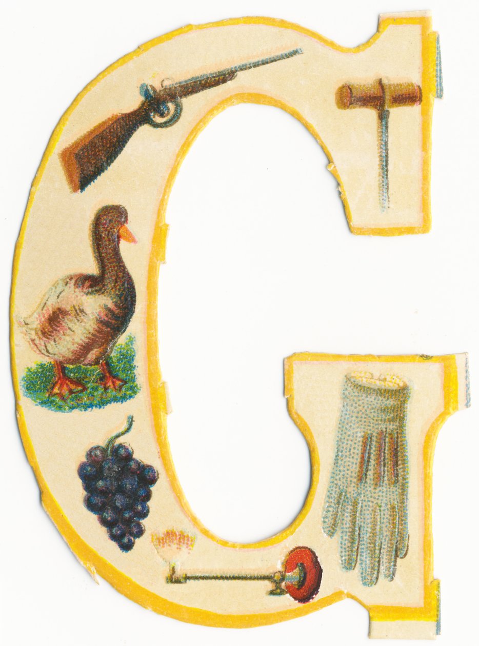 G: pisztoly, gimlet, liba, szőlő, gázlámpa, kesztyű (színes litográfia) alkotó: Unknown artist