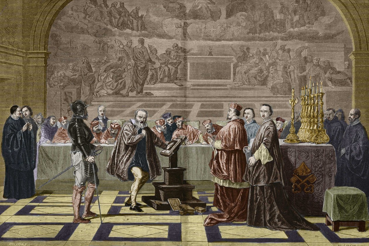 Galilea (Galileo Galilei) a vatikáni Szent Hivatal (Szent Hivatal) inkvizíciója előtt (1632). Metszet Robert-Fleury Joseph Nicolas (1797-1890) festménye után. alkotó: Unknown artist