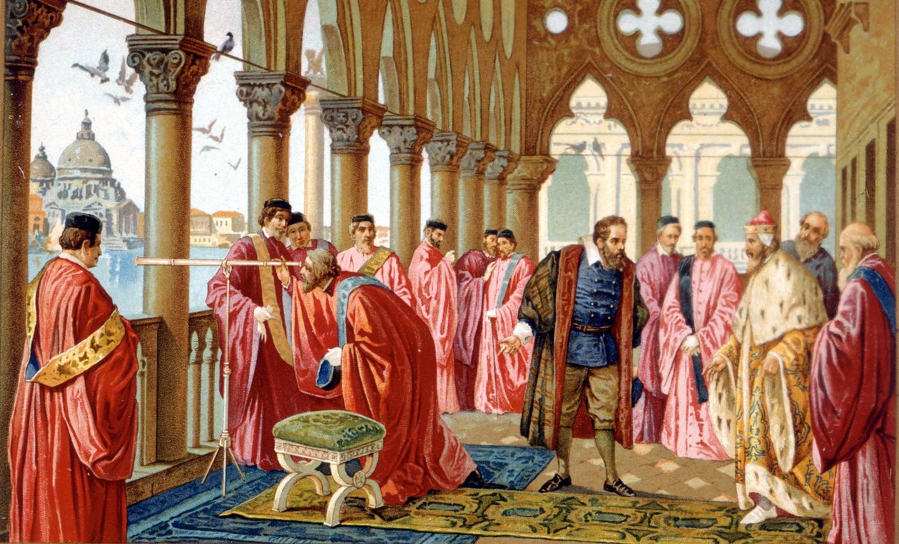 Galileo Galilei (1564 - 1642) a velencei Dózse-palotában mutatja be a keretet. századi kromolitográfia. alkotó: Unknown artist