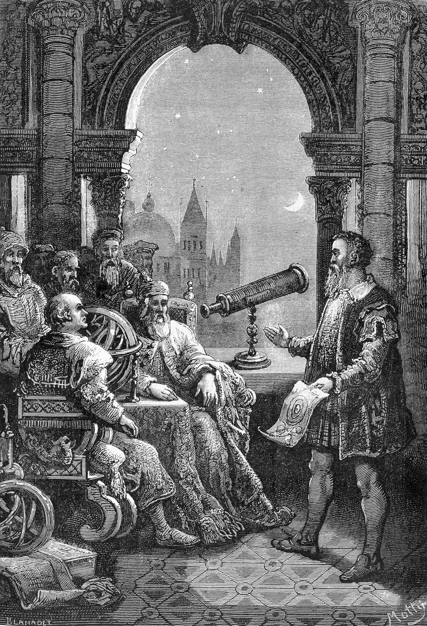 Galileo Galilei (Galileo) bemutatja az első csillagászati keretet a velencei dózsában. alkotó: Unknown artist