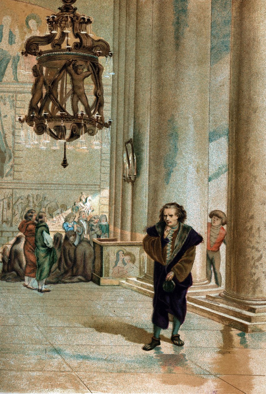 Galileo Galilei dit Galileo (1564 - 1642).a pisai székesegyház lámpájának oszcillációját figyelve. Louis Figuier „Tudomány és emberei” című Barcelona 1881-ből alkotó: Unknown artist