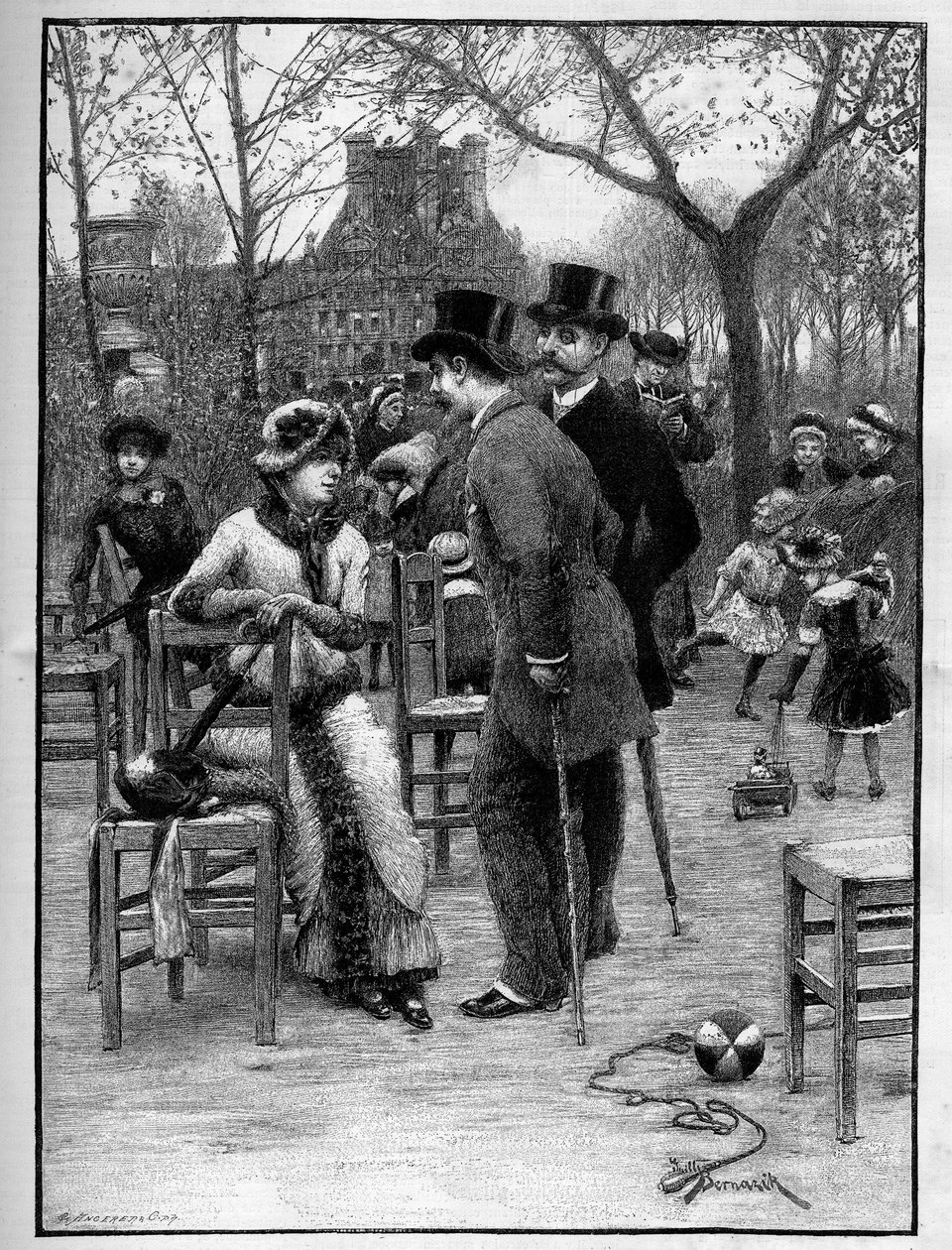 Galád beszélgetés két férfi és egy fiatal nő között, mindannyian nagyon elegánsak a párizsi Tuileriák kertjében a nyáron. Metszet a „” Le Monde Illustré”-ben alkotó: Unknown artist