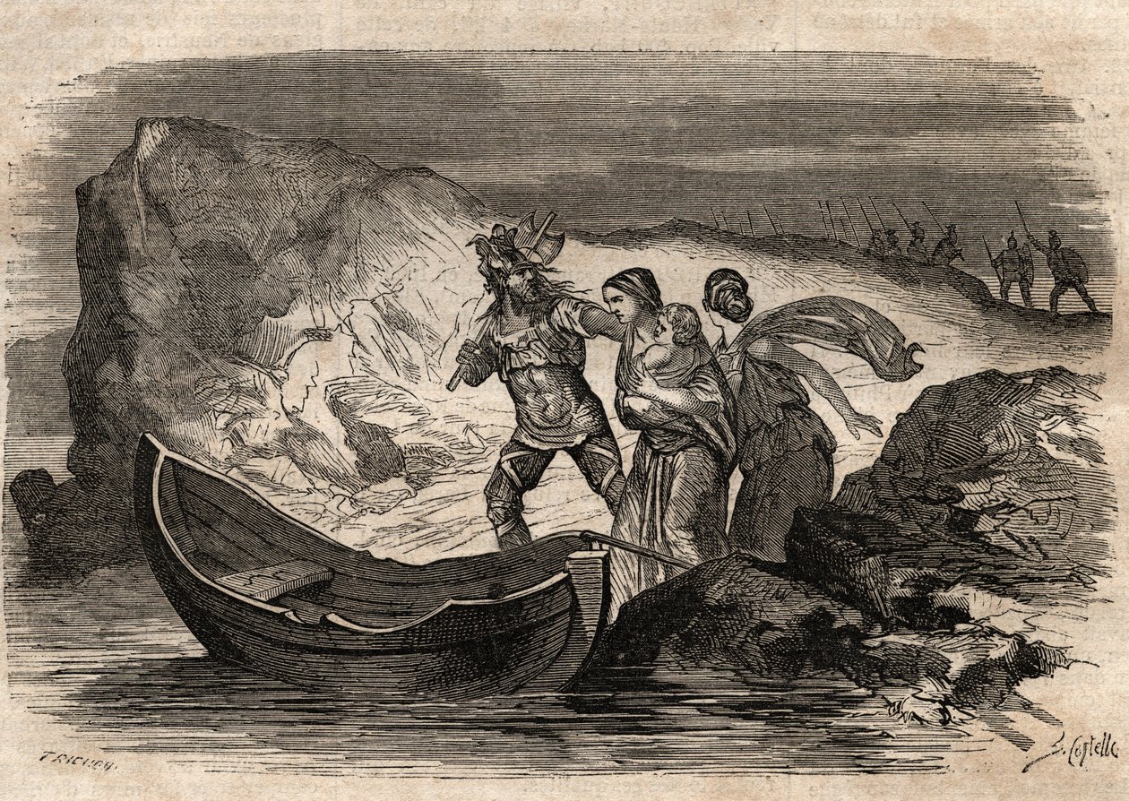 Gall háborúk, ie 58-51. Római győzelem a német törzsek felett Ariovistus vezetése alatt - Ariovistus kénytelen volt átkelni a Rajnán - Arioviste force de iron the Rhine - "" Dictionnaire populaire illustrious" metszet - 1864 - Joseph December és Edmond All alkotó: Unknown artist