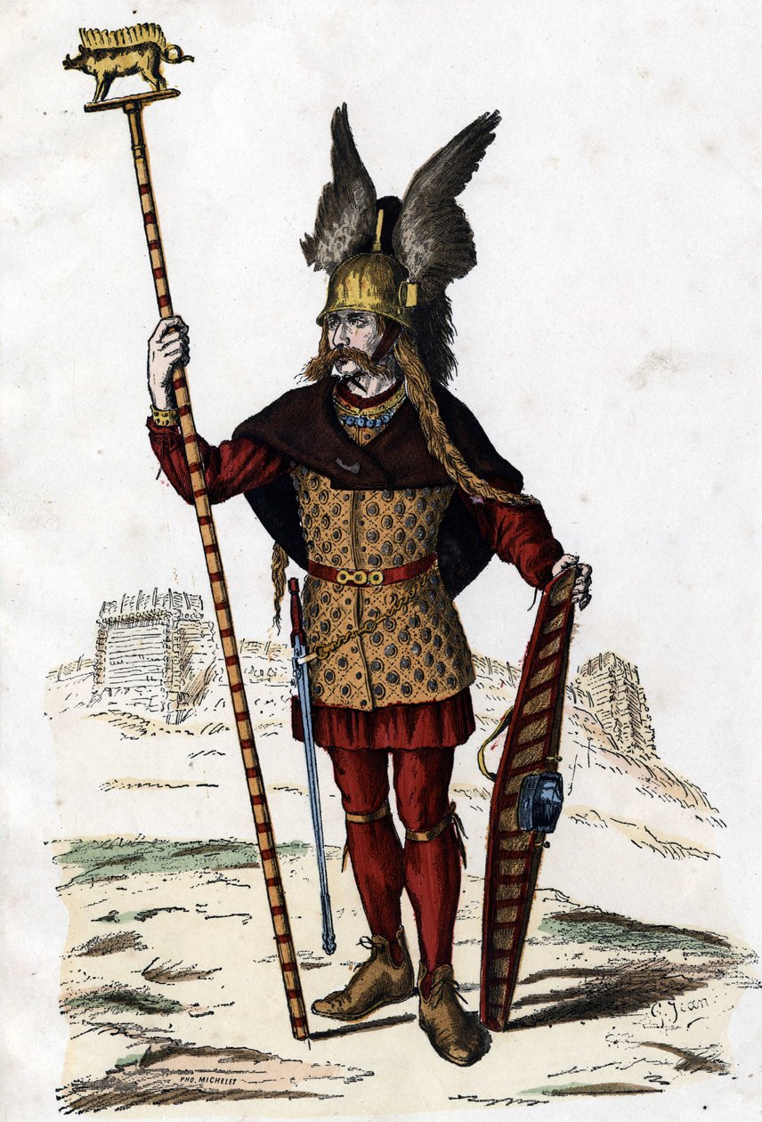 A háború jelét viselő gall vezér - „A franciák polgári és katonai viselete az évszázadok során Paris F. Roy 1882” c. alkotó: Unknown artist