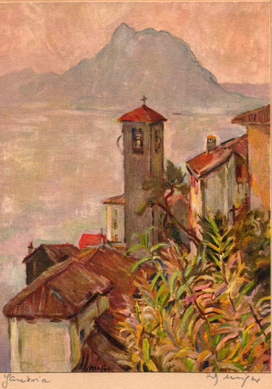 Gandria, Svájc, a San Salvatore-heggyel és a Luganói-tóval, Fritz Meijer képeslapja, 1940 körül (színes litográfia) alkotó: Unknown artist