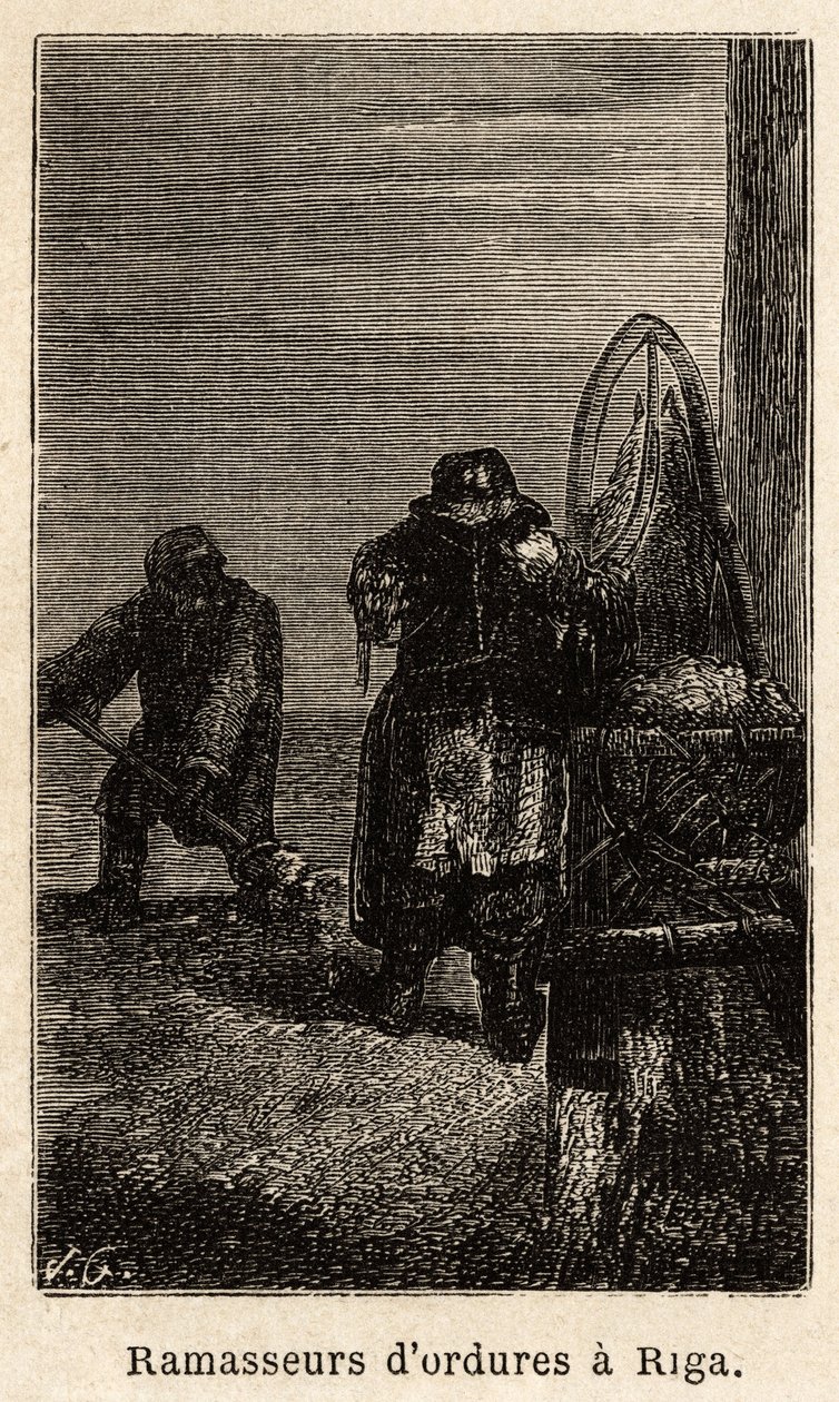 Szemétszedők Rigában. Henriet rajza az orosz balti tartományokba tett 1851-54-es utazásának illusztrálására. Gravírozás a „Le tour du monde”-ban, szerkesztette Edouard Charton alkotó: Unknown artist