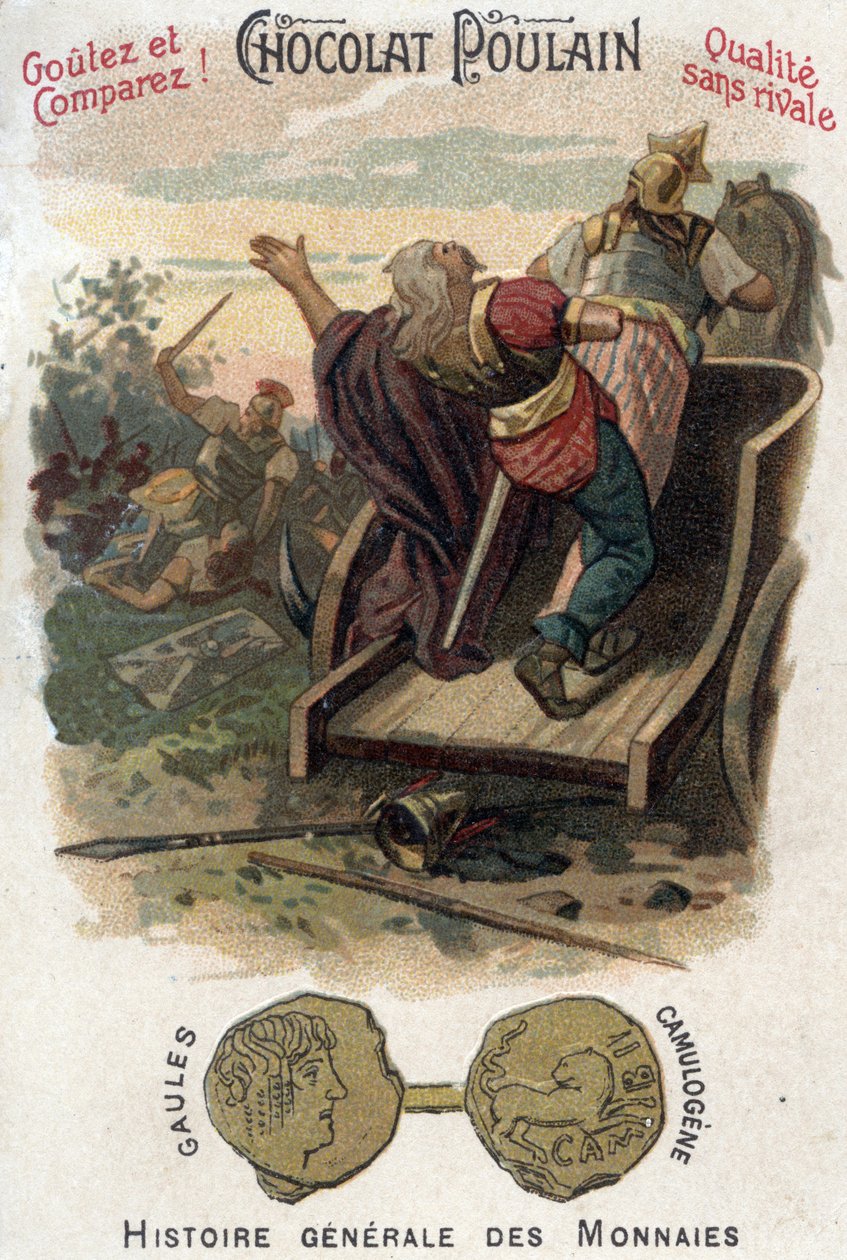 Galls Aulerque: Lutece-i csata Camulogene és Labienus között ie 53-ban. Az érmék általános történetében. Csokoládé-csikó kromolitográfiája a 19. század végén. Magángyűjtemény. alkotó: Unknown artist