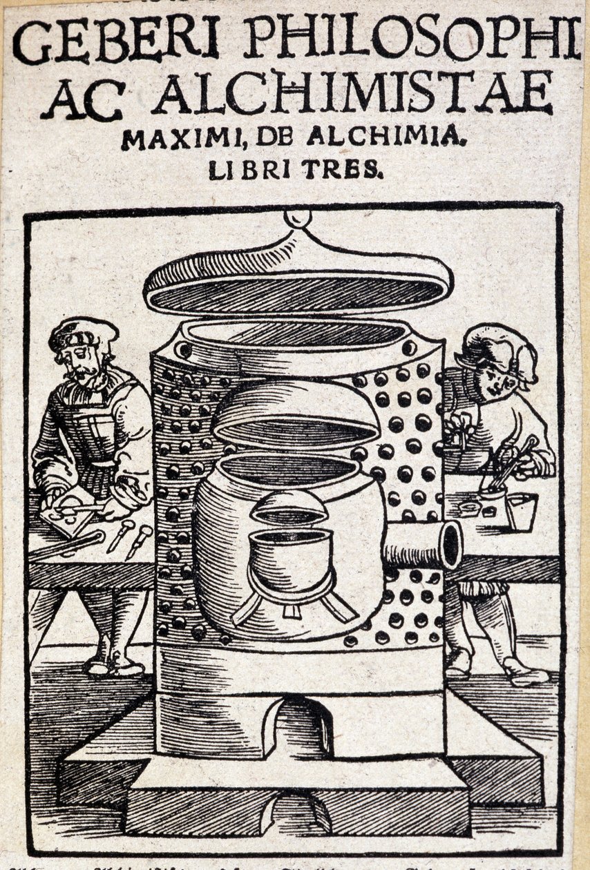 Geberi philosophi ac alchimistae egy alkímiai üzlet címlapja. Geber (v721-v815), arab alkimista alkotó: Unknown artist