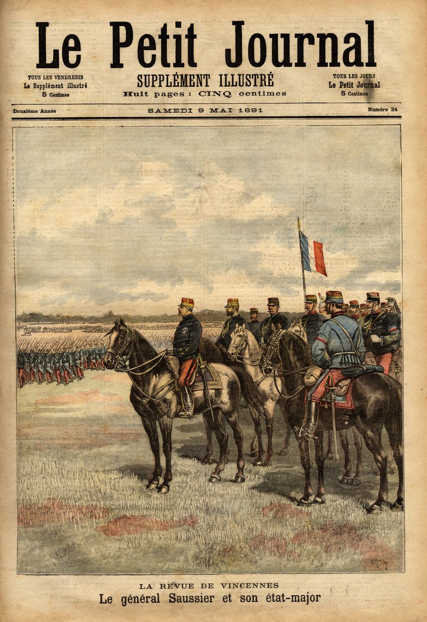 Felix Gustave (Felix-Gustave) Saussier tábornok (1828-1905) és munkatársai áttekintették a Vincennes-i csapatokat. Metszet a „” Le petit journal illustrious”-ban” 1891.09.05. Selva gyűjteménye. alkotó: Unknown artist