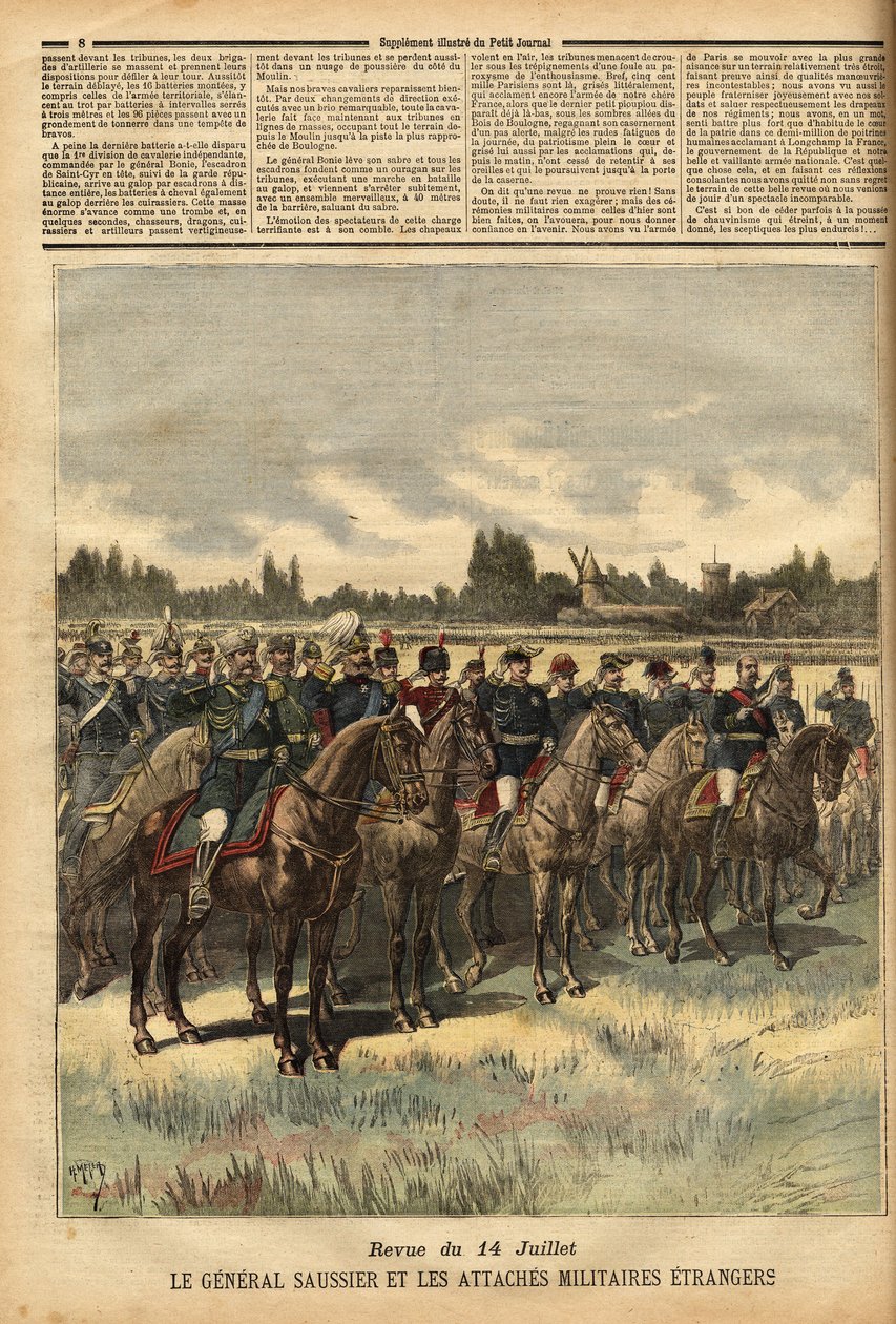 Felix Gustave (Felix-Gustave) Saussier tábornok (1828-1905), Párizs katonai kormányzója 1884 óta, körülvette a külföldi katonai kapcsolatokat, 1891. július 14-én a Bois de Boulogne-i síkságon áttekintette a csapatokat. Gravírozás „” Le petit journ alkotó: Unknown artist