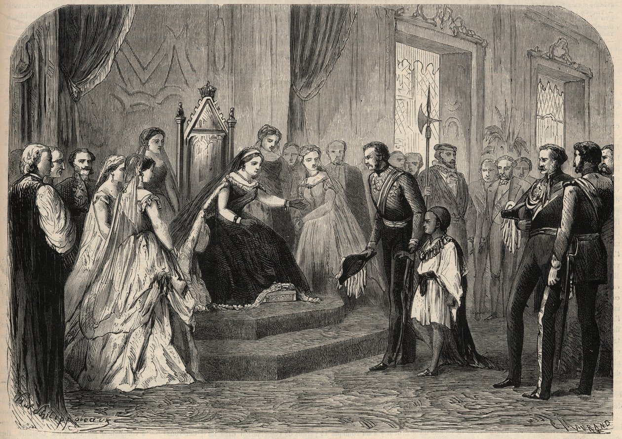 Robert Cornelis (Cornelius) Napier tábornok (1810-1890) bemutatta Leul Alemayehou Tewodrost (1861-1879), az etióp negusz II. Theodoros (Tewodros) fiát Victoria Iere királynőnek (1819-1901). Metszet a „The Universe illustrious”-ba alkotó: Unknown artist