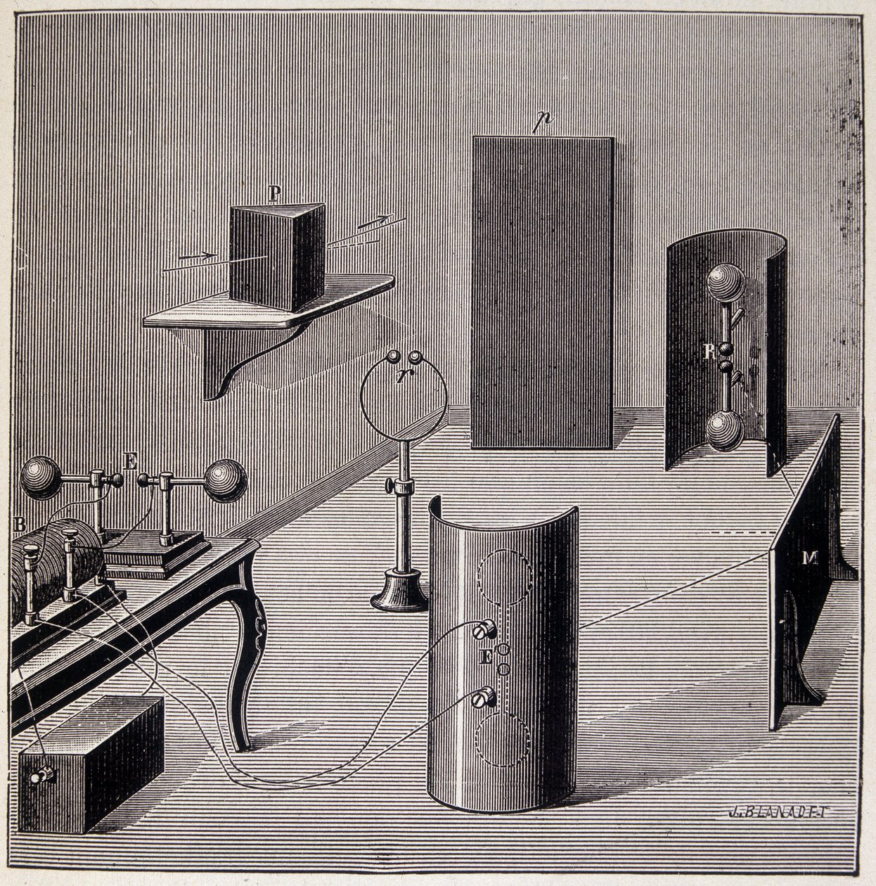 Heinrich Hertz (1857-1894) elektromos hullámokon végzett kísérleteinek általános elrendezése - Emile Desbeaux, Flammarion „Physique populaire” című könyvében alkotó: Unknown artist