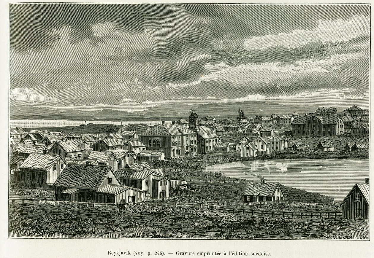 Reykjavik általános képe. Metszet a történet illusztrálására Nils Adolf Erik (Eric) báró Nordenskjold (Nordenskiold) (1832-1901) professzor új grönlandi expedíciója, Charles Rabot, a tour du monde 1886-ban, Edouard Char irányításával. alkotó: Unknown artist