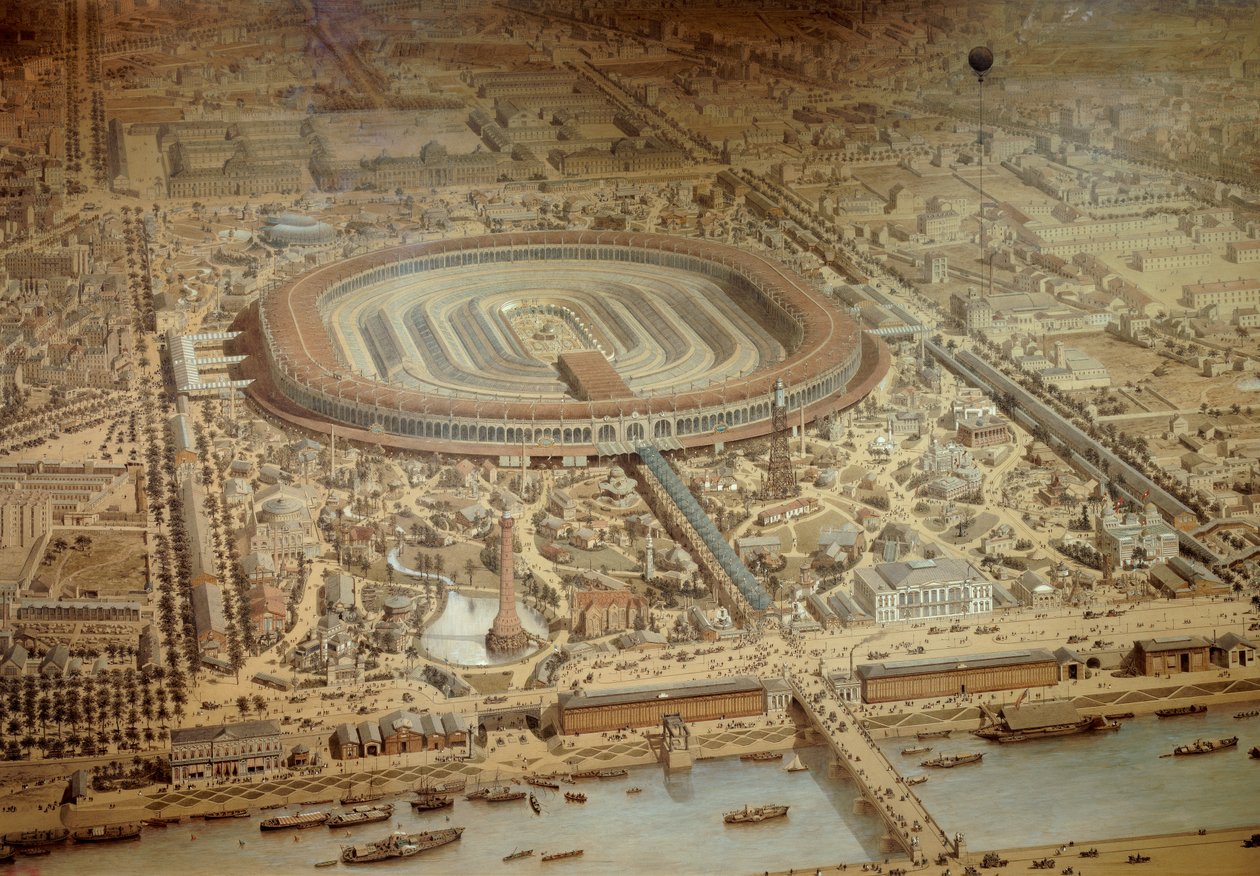 Az 1867-es párizsi világkiállítás általános képe. A Champ de Mars katonai iskolájának központjában. Metszet Párizs, Musee Carnavalet alkotó: Unknown artist