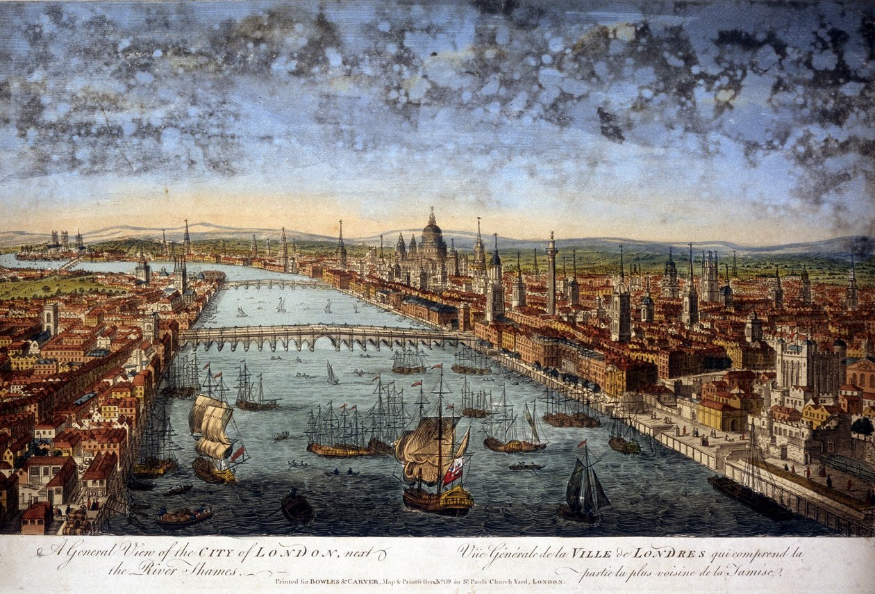 London városának általános képe, amely magában foglalja a Temze legközelebbi részét. 1800. alkotó: Unknown artist