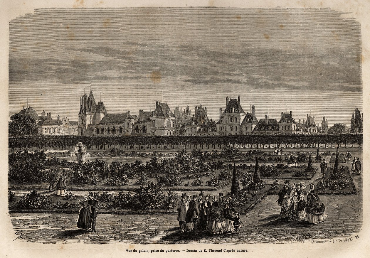 A Fontainebleau-i palota és kertek általános nézete a padlóról. Metszet a fontainebleau-i kastély és erdő leírásának illusztrálására, 1867-ben, M. Pays által, a „Le tour du monde, nouveau Journal des voyages” című kiadványban, amely a dire alatt jelent meg alkotó: Unknown artist