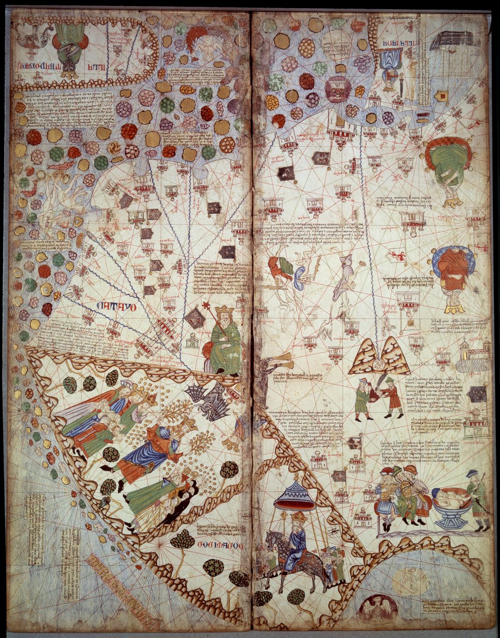 Földrajzi térkép: Kína, Gangesz-völgy, Szumátra, Ceylan. Katalán Atlasz (Katalán térkép) (Spanyolország). Abraham Cresques 1375-ös kézirata (Folio 2v - Folio 3). BN, Párizs alkotó: Unknown artist